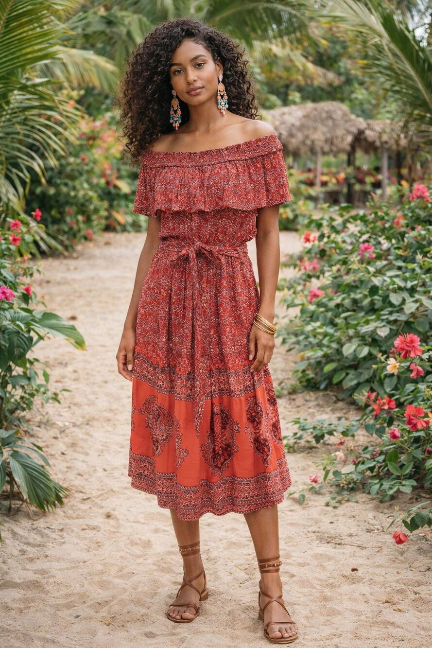 Nostalgia Paisley Off Shoulder Midi Dress Belted Ruffle Red Orange Boho NWT L